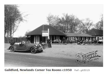 Newlands Corner tearooms with motor vehicle 1950