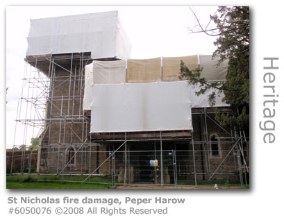 Fire damage at St Nicholas Church, Peper Harow, near Godalming